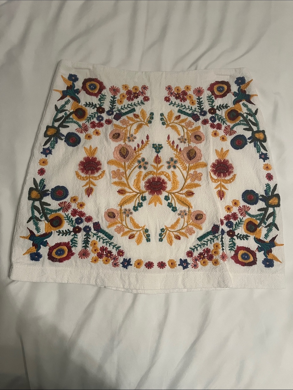 Altar'd State White Mini Skirt with Multicolor Floral Embroidery